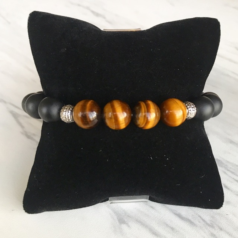 Genuine golden tiger eye & matte onyx men bracelet - Picture 6 of 7